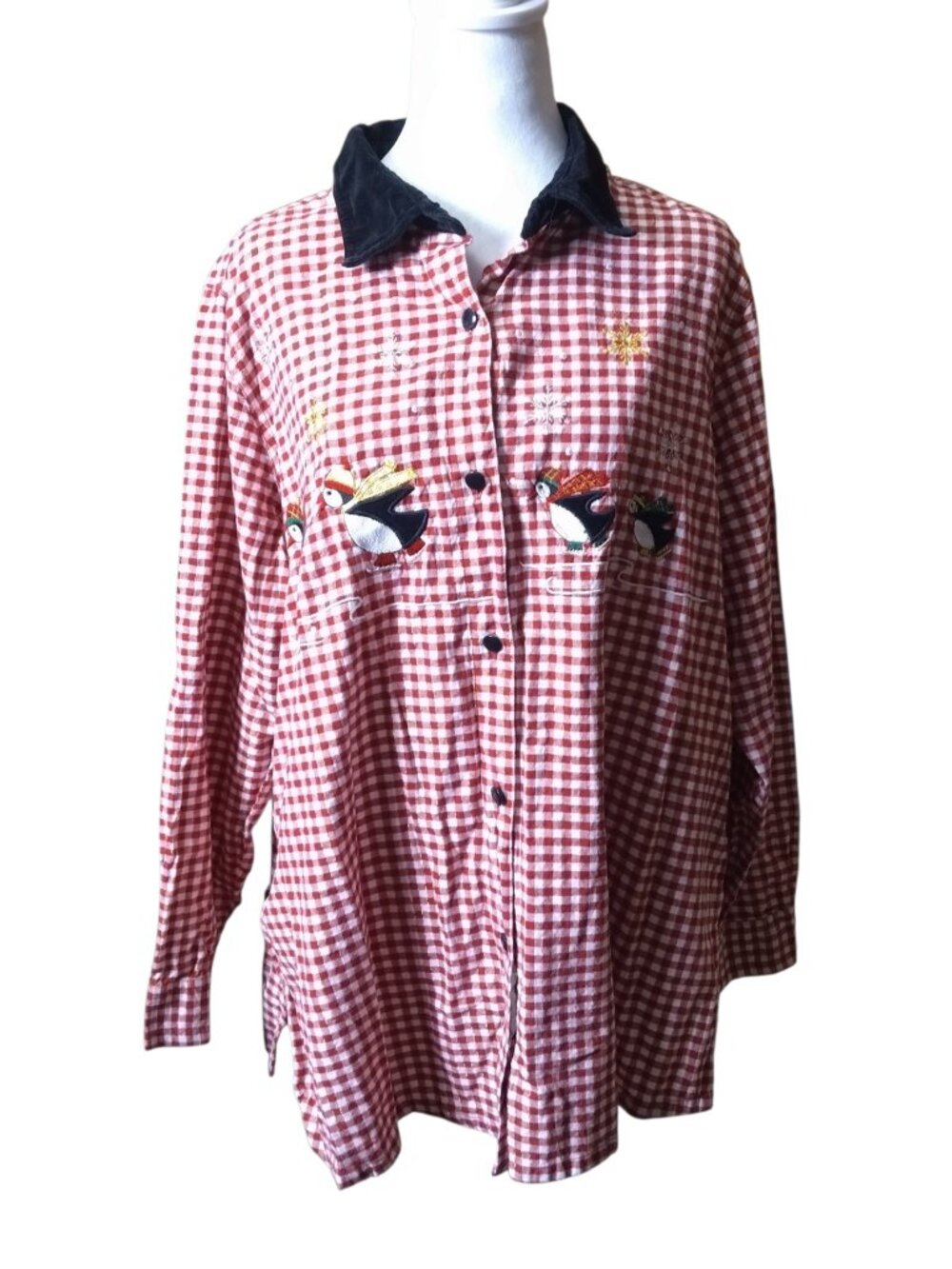 Bobbie Brooks Size 18/20 Gingham Embroidered Penguin Christmas Blouse